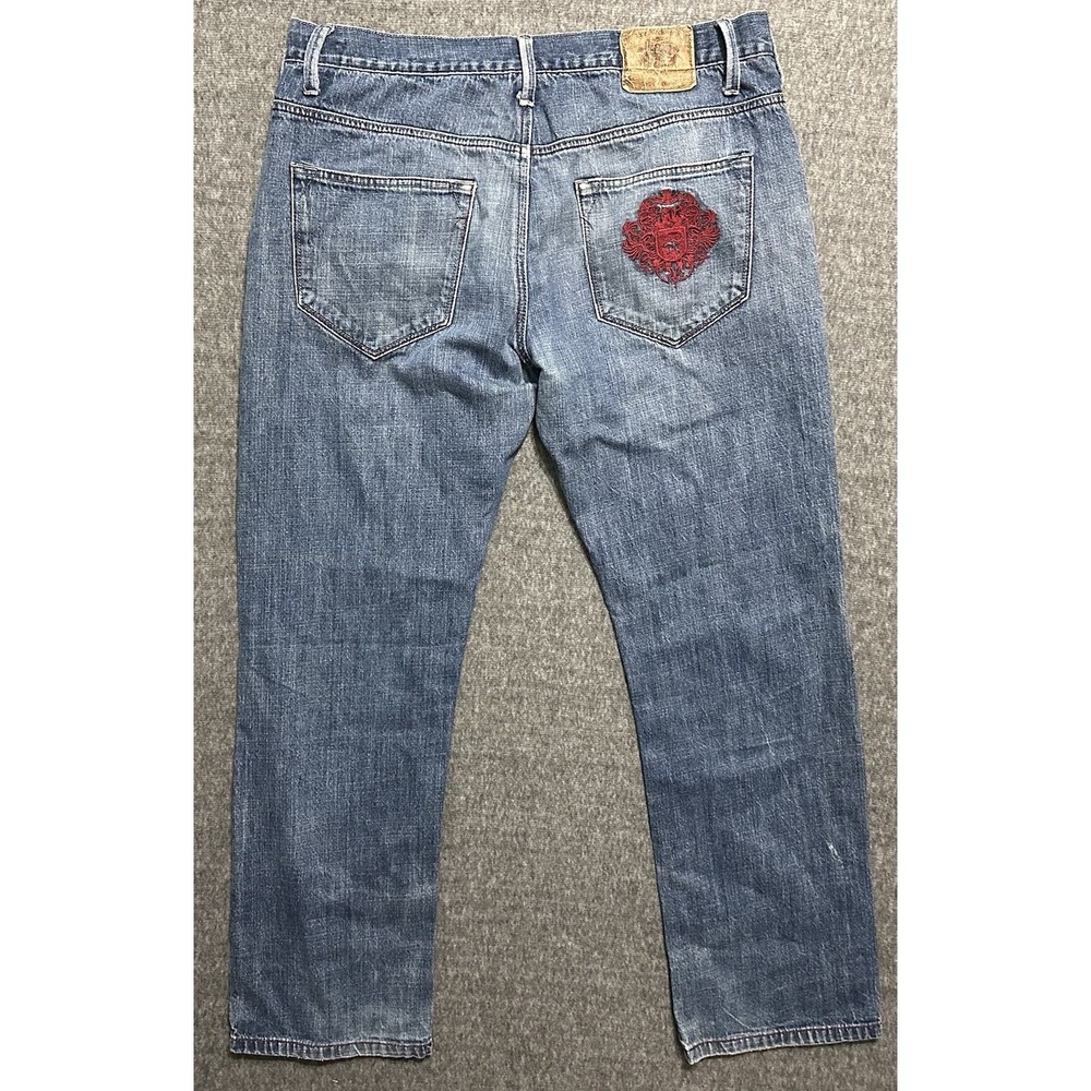 Live Mechanics Mens Faded Jeans Medium Wash Blue Denim Red Pocket Size 38